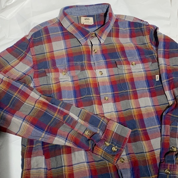 Men’s Vans Gray Blue Red Plaid Light Flannel Button Down Long Sleeve Shirt M - Picture 1 of 6